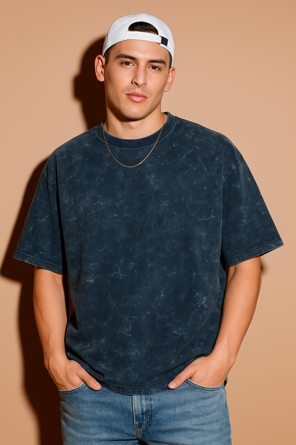 Navy Blue Acid Washed Cotton Oversized T-shirt