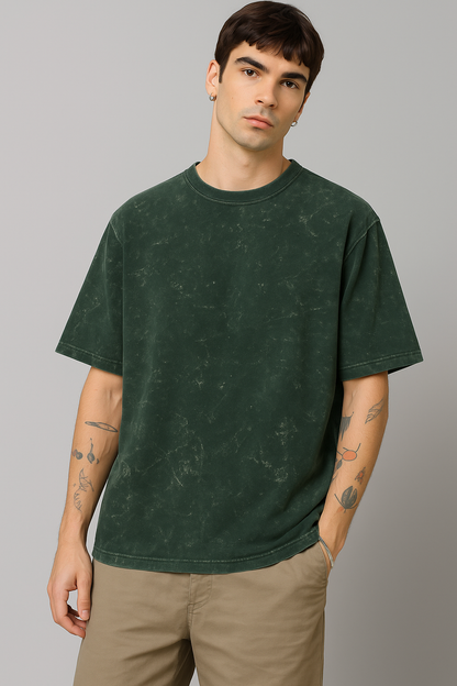 Bottle Green Acid Washed Cotton Oversized T-shirt