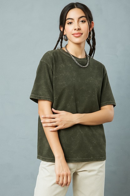 Olive Green Acid Washed Cotton Oversized T-shirt